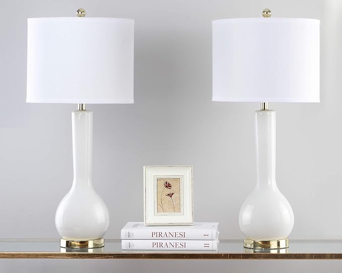 SAFAVIEH Lighting Collection Mae Long Neck Modern Contemporary White Ceramic 31-inch Bedroom Living Room Home Office Desk Nightstand Table Lamp Set of 2 (LED Bulbs Included)