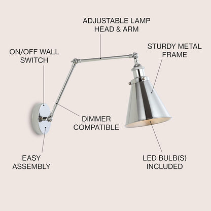 JONATHAN Y JYL7460A Rover 7" Farmhouse Industrial Adjustable Arm Metal LED Wall Sconce Rustic Bohemian 2700K LED 4W Bulb for Entryway Lobby Kitchen Bathroom Bedroom Living Room Hallway, Chrome