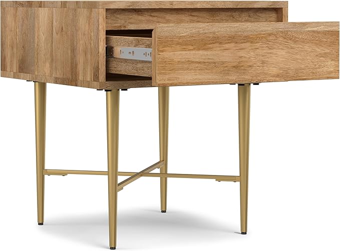 SIMPLIHOME Fallon End Table - 20 inch Wide Solid Mango Wood Square Accent Table with Storage Drawer and Gold Metal Base in Natural, Contemporary Nightstand or Lamp Stand for Living Room or Bedroom
