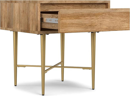 SIMPLIHOME Fallon End Table - 20 inch Wide Solid Mango Wood Square Accent Table with Storage Drawer and Gold Metal Base in Natural, Contemporary Nightstand or Lamp Stand for Living Room or Bedroom