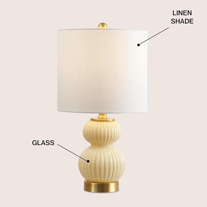 JONATHAN Y 20" Ivory/Brass Gold Ribbed Gourd Glass Table Lamp, Modern Bedside Lamp for Bedroom Living Room, White Linen Drum Shade, LED Bulb Included (JYL1099G)