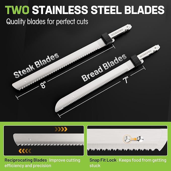 WORKPRO Electric Knife for Meat Slicing, Cordless Electric Carving Knife for Turkey, Fish & Bread, Two Stainless Steel Blades, Ergonomic Handle, Storage Case & Serving Fork Included, White