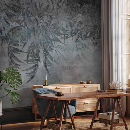artgeist Wall Mural Leaves 116x83 in - XXL Peel and Stick Self-Adhesive Wallpaper Removable Large Sticker Foil Wall Decor Print Picture Image Design Palm Leaves Concrete Nature Grey b-C-10103-a-a