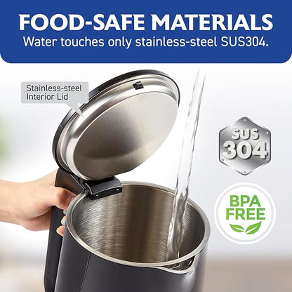 Elite Gourmet 1.7L Cool-Touch 1500W Fast Boil Electric Kettle, Fully Stainless Steel Lid & Interior BPA Free, Double Wall, Auto Shut-Off, Black