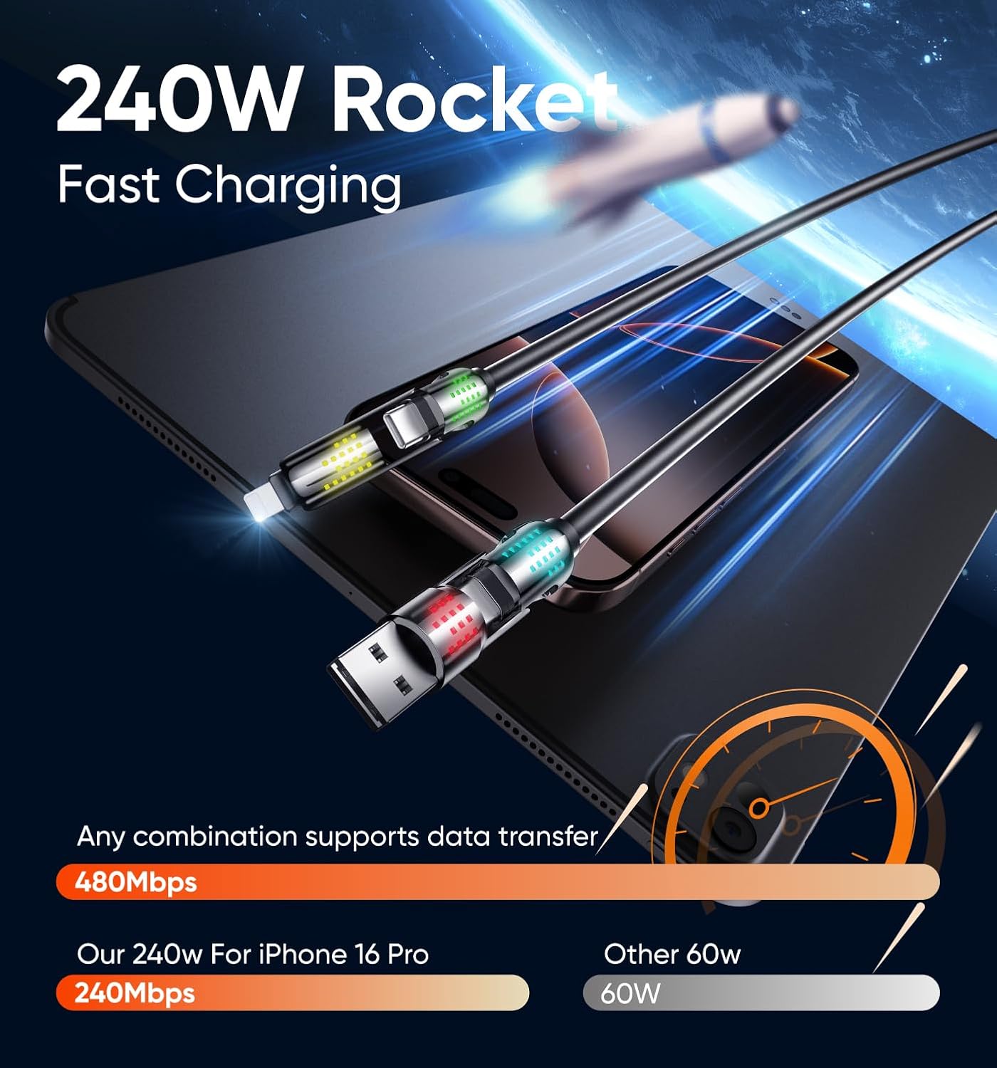 MAGIC JOHN 240W 4 in 1 Charging Cable, 4FT USB C to Lightning Cable [MFi Certified], Multi Chargers for All Devices, Chubby USB A/C to C/Lightning with Light for iPhone/MacBook/iPad/Samsung/Switch 2