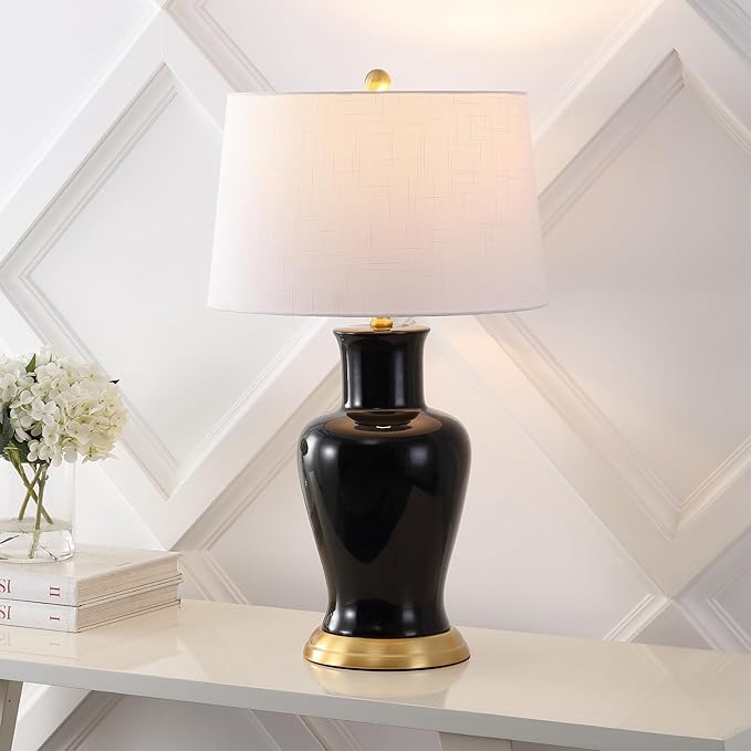 JONATHAN Y 29" Black Traditional Ceramic Urn LED Table Lamp for Bedroom Decor, White Linen Drum Shade, Classic Nightstand Lamp for Living Room, LED Bulb Included (JYL4026F)