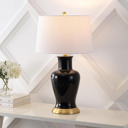 JONATHAN Y 29" Black Traditional Ceramic Urn LED Table Lamp for Bedroom Decor, White Linen Drum Shade, Classic Nightstand Lamp for Living Room, LED Bulb Included (JYL4026F)