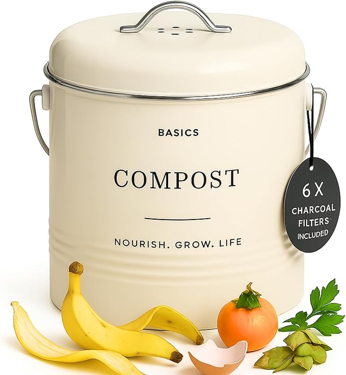 D'Lifeful Kitchen Compost Bin – 1.3 Gallon Countertop Farmhouse Compost Container with Lid – Odorless Indoor Food Scrap Pail with 6 Charcoal Filters – Eco-Conscious and Easy to Clean (Cream)