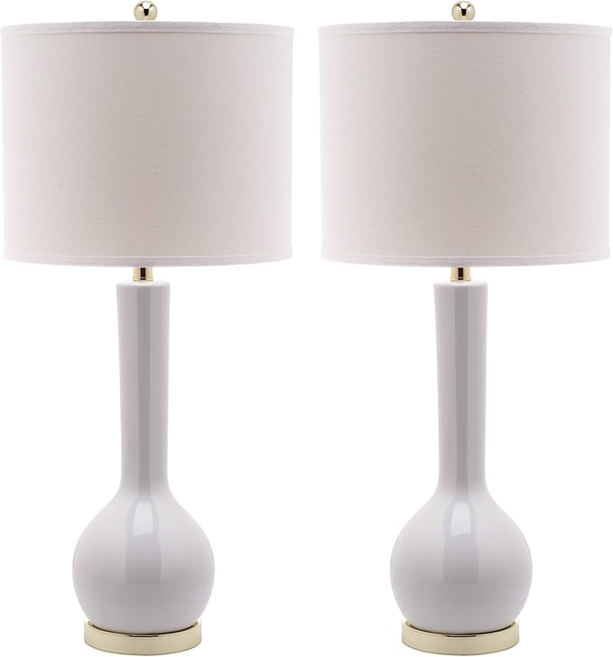 SAFAVIEH Lighting Collection Mae Long Neck Modern Contemporary White Ceramic 31-inch Bedroom Living Room Home Office Desk Nightstand Table Lamp Set of 2 (LED Bulbs Included)