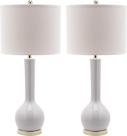 SAFAVIEH Lighting Collection Mae Long Neck Modern Contemporary White Ceramic 31-inch Bedroom Living Room Home Office Desk Nightstand Table Lamp Set of 2 (LED Bulbs Included)