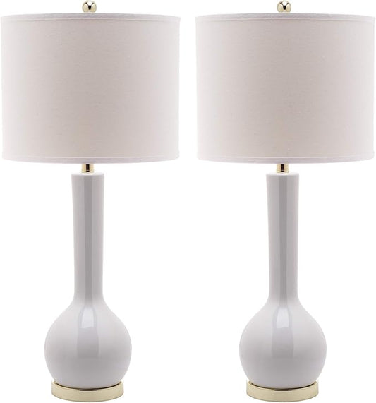 SAFAVIEH Lighting Collection Mae Long Neck Modern Contemporary White Ceramic 31-inch Bedroom Living Room Home Office Desk Nightstand Table Lamp Set of 2 (LED Bulbs Included)