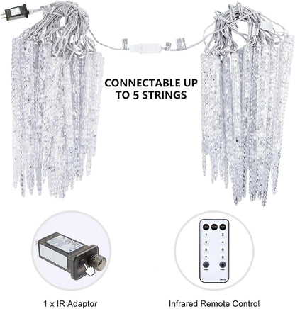 Icicle Lights for Outside with Remote, 20ft 100 LED 20 Tubes Connectable Ice Shape Hanging Christmas Lights for Tree Patio Roof Holiday Decor, Blue and White