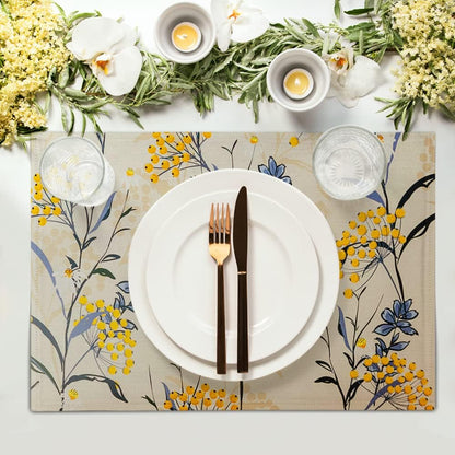 Floral Placemats Set of 4 Vintage Floral Summer Flowers Yellow Placemats for Kitchen Table Linen Placemats Washable Non-Slip Heat Resistant Place Mats for Party Kitchen Dining Decorations 18x12 Inch