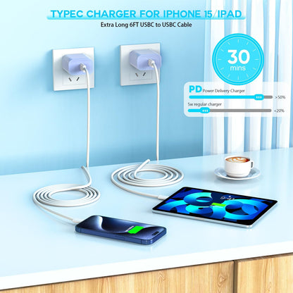 Apple iPhone 16 15 Charger Fast Charging [Apple MFi Certified]3Pack 20W USB Type C Charging Block with Long 6 FT Fast Charging Cable for iPhone 16/16 Pro/Pro Max,iPhone 15/15 Pro Max/Plus/iPad(Purple)