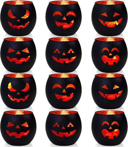 SHMILMH Halloween Table Centerpiece Candle Holders Set of 12, Black and Gold Glass Votive Holder with 6 Grimace, Tealight Holders Bulk for Halloween Party D?or