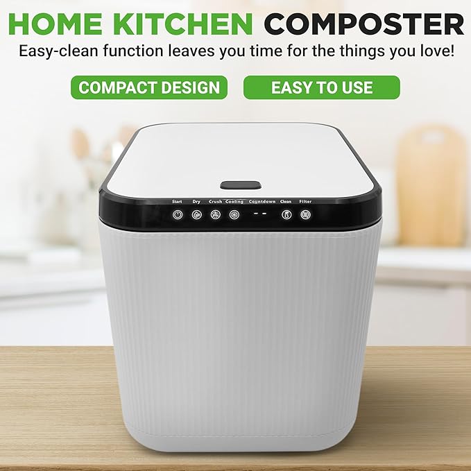 NutriChef Electric Kitchen Composter | 3 Quart Food Recycler | Food Waste Compost Bin for Countertop | 1 Button to Compost, Easy to Clean Composter Bucket | Low Noise, Odorless & Auto Clean | White