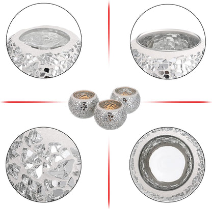 OwnMy 3PCS Mosaic Glass Tea Light Holders Round Bowl Votive Candle Holders Pillar Candle Stands, Silver Glass Mosaic Tealight Holders Potted Plant Bowl Vase Candle Centerpiece for Dining Table Wedding