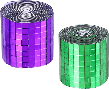 MECCANIXITY Self Adhesive Glass Mirror Mosaic Tiles 3200 Pcs 5 x 5 mm Disco Tiles for Craft Decoration Glass Mirror Disco Ball 2 Rolls (Purple/Green)
