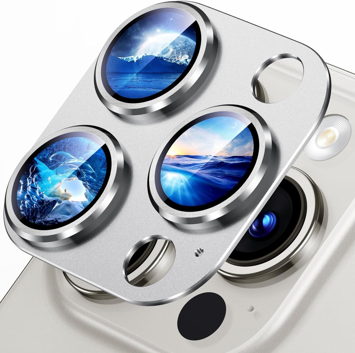 Uyiton Compatible with iPhone 15 Pro/iPhone 15 Pro Max Camera Lens Protector, [Not Easy to Break][Strong Adsorption][Case-Friendly] Metal Tempered Glass Rear Camera Screen Cover - Silver White