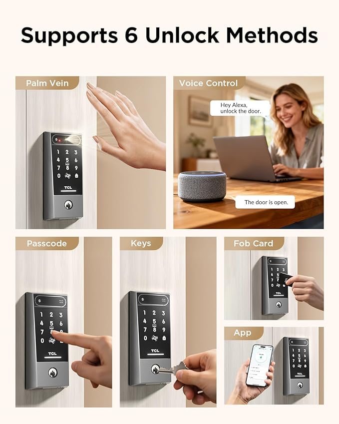 TCL Smart Lock D2 Pro with Palm Vein Recognition, Keyless Entry Door Lock for Front Door, Wi-Fi Keypad Deadbolt, App Remote Control, Auto Lock, Rechargeable Battery, Works with Alexa & Google