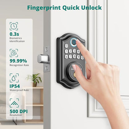 DS10 Pro Keyless Entry Door Lock with APP Control - Fingerprint Electronic Keypad Door Lock, Smart Locks for Front Door, Auto-Lock & One Touch Locking with Bluetooth - Matte Black
