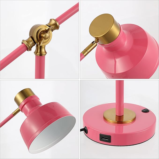 JONATHAN Y 18.5" Pink/Brass Gold Adjustable Cantilever LED Task Lamp with USB Charging Port, Vintage Farmhouse Desk Lamp for Home Office Reading, Metal Shade (JYL7124D)