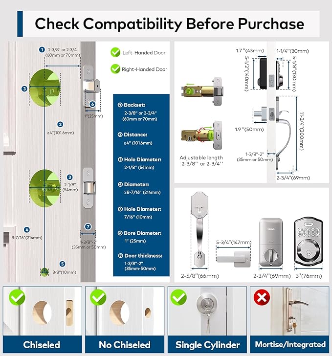 TEEHO TK001H Keyless Entry Door Lock with Handle Set, Electronic Deadbolt Keypad Door Lock with Code, Smart Locks for Front Door, Exterior Door Handle, Auto-Lock, Easy to Install, Satin Nickel