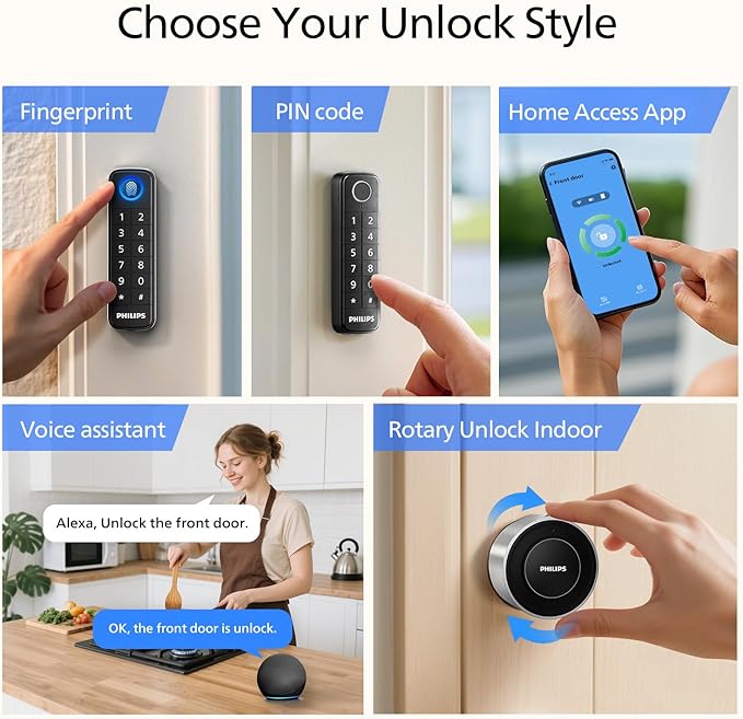 Philips WiFi Smart Deadbolt Lock with Fingerprint Keypad, APP Remote Control, Sliver