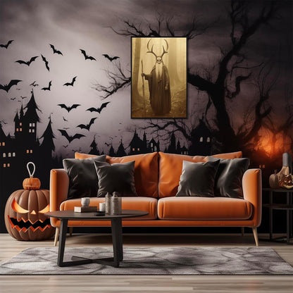 Skeleton Halloween Decor Occult Druid of the Forest Poster Canvas Wall Art Vintage Spooky Print Gothic Room Decor Dark Academia Decorations Bedroom Creepy Skull Picture 12X16inch Aluminum Framed