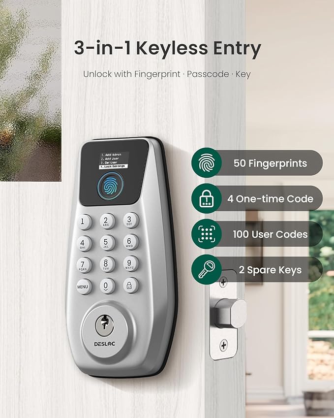 DESLOC C110 Smart Lock with LockVue Display, 3-in-1 Keyless Entry Door Lock with Fingerprint, Passcode & Key, BHMA Certified Deadbolt, Auto Lock, 12-Month Battery for Home, Apartment & Airbnb, Silver
