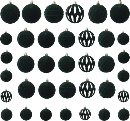Senjie 2025 Velvet Christmas Ball Ornaments Sets 36pcs Flocked Christmas Ornaments Assortment Decor for Xmas Deep Green