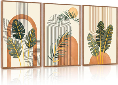 KAIRNE Boho Canvas Wall Art,Abstract Minimalist Room Decor,Tropical Botanical Wall Decor,Mid-Century Geometric Illustrations Set of 3(16”X24”),Botanical Print for Living Room Bedroom Dining Room Decor