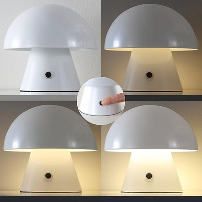 JONATHAN Y 7" White Rechargeable Cordless Mushroom Table Lamp, Portable LED Nightstand Lamp for Bedroom Living Room, Metal Shade, 3-Way Dimmable Touch Sensor Modern Accent (JYL7116B)