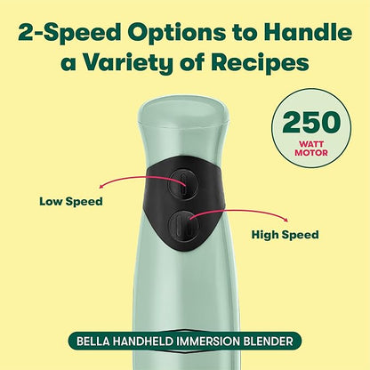 bella 2-Speed Hand Immersion Blender with Whisk Attachment, 250 Watt, Sage, Immersion Blender with Dishwasher Safe Whisk & Blending Attachments for Food Prep (17576)