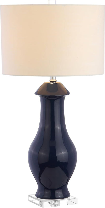 JONATHAN Y 31" Navy Blue Ceramic and Crystal Table Lamp, Contemporary Slender Vase Bedside Lamp for Living Room, White Linen Drum Shade, UL Listed, LED Bulb Included JYL8017A
