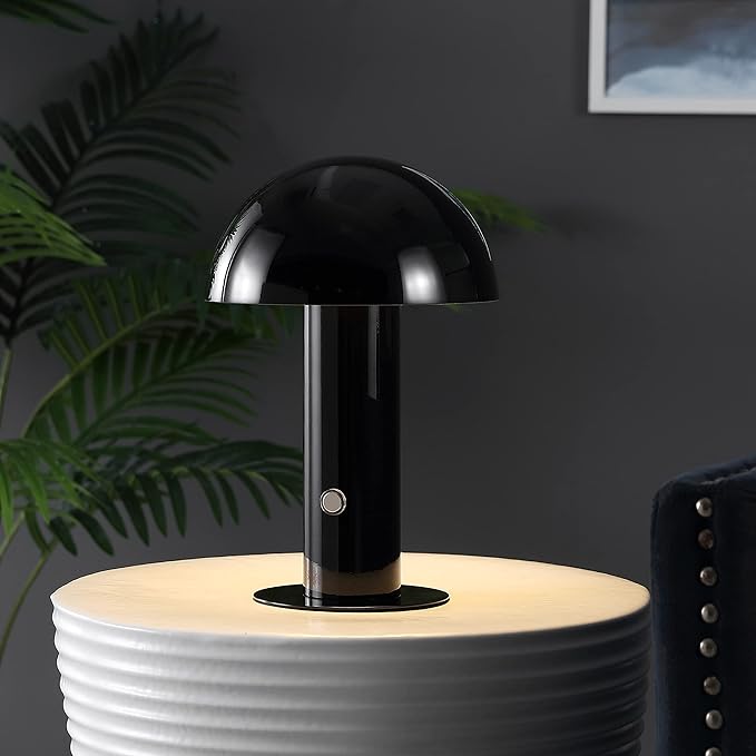 JONATHAN Y 10.75" Black Rechargeable LED Mushroom Table Lamp, Cordless Portable Bedside Lamp for Living Room Bedroom, 3-Way Dimmable Modern Iron Desk Light, Metal Shade JYL7115A