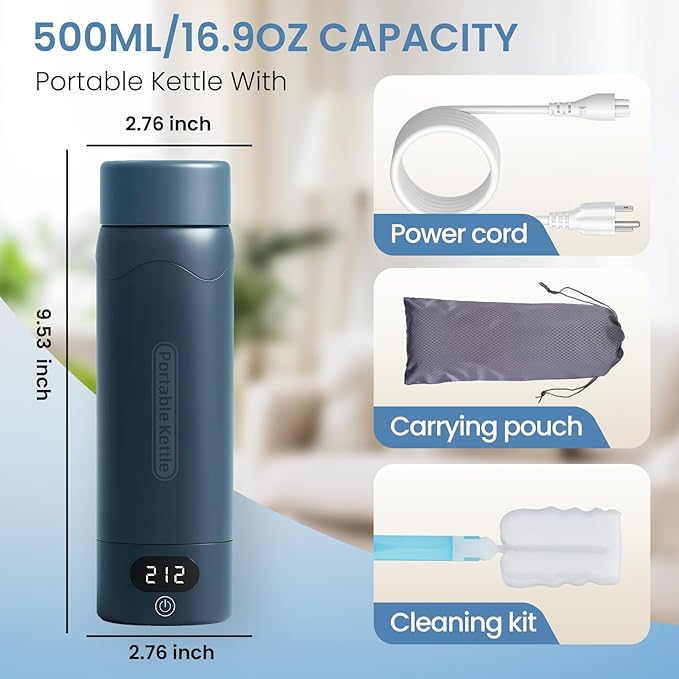 Travel Electric Kettle Portable Mini Kettle,316 Stainless Steel 16.91Oz,Small Hot Water Boiler with 4 Temperature Settings,Fast Boiling Water with Auto Shut-Off and Boil Dry Protection(Blue Spruce)