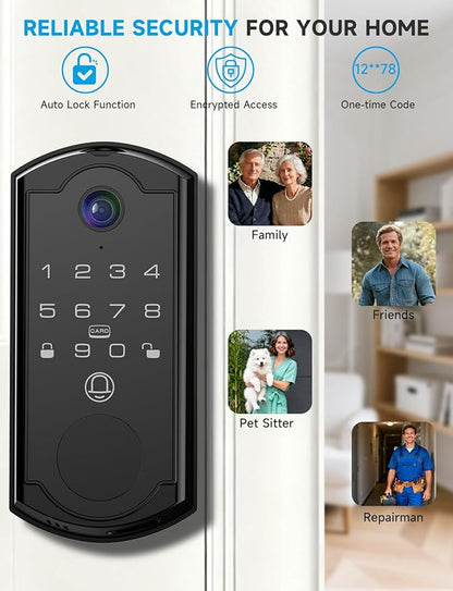 Smart Door Lock with Camera, Fingerprint Keypad Deadbolt, APP Remote Control, Video Doorbell with 2-Way Audio, Auto Lock, Keyless Entry Electronic Smairt Lock for Front Door, Black