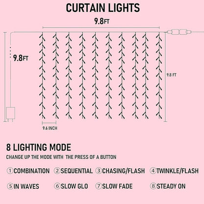 Dazzle Bright 300 LED Curtain String Lights, Valentine's Day Fairy Lights for Bedroom with 8 Lighting Modes, Connectable Waterproof Window Lights Party Wedding Garden Wall Christmas Decor, Pink