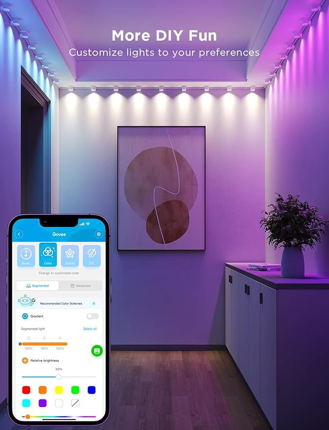 Govee RGBIC String Downlights, Smart LED String Lights Works with Alexa, Wi-Fi Color Changing Indoor Wall Light Fixture for Party, 32.8ft with 50 LEDs, Music Sync, White