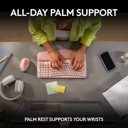 Logitech Wave Keys Wireless Ergonomic Keyboard with Cushioned Palm Rest, Comfortable Natural Typing, Easy-Switch, Bluetooth, Logi Bolt Receiver, for Multi-OS, Windows/Mac - Rose