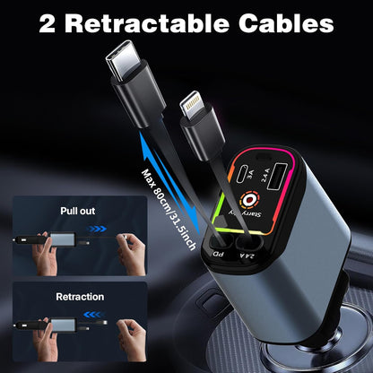 Starlight Retractable Car Charger,66W Fast Car Chargers Adapter 4 in 1 with 2 USB Car Chargers for Phone iPhone 16/15/14/13/12/11 and for Android