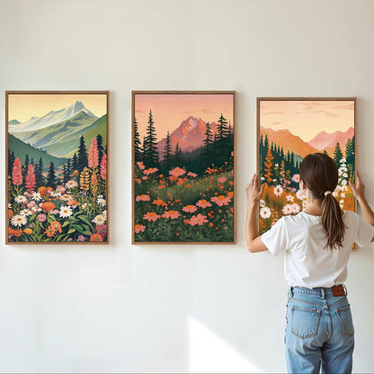 Tinonedraw Colorful Nature Flowers Framed Canvas Wall Art Set, Boho Blue Ridge Mountain Wall Decor,Floral Forest Scenery Artwork, Modern Wildflower Blossom Landscape Art Prints for Living Room Bedroom Office 16"x24"x3