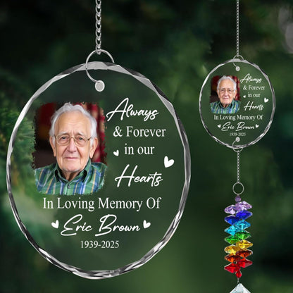 Personalized Memorial Ornament with Photo – Custom Glass Suncatcher for Loss of Loved One – Always & Forever in Our Hearts Rainbow Hanging Crystal – in Loving Memory