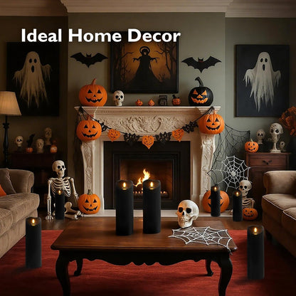 Homemory 4"x12" Black Flameless Candles, Halloween Candles, Outdoor Waterproof Flameless Candles with Remote and Timers, Gothic, Battery Operated LED Pillar Candles, Won't Melt Plastic, 2Pack
