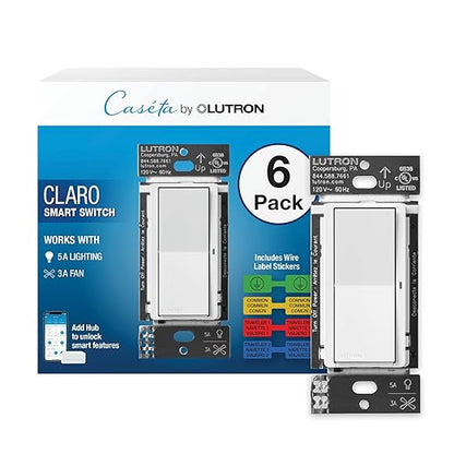 Lutron Claro Smart Switch for Caseta Lighting, for LED Lights, Fans, 5 Amp, Single-Pole/3-Way, Neutral Required, DVRF-5NSS-WH-6, White, 6 Pack