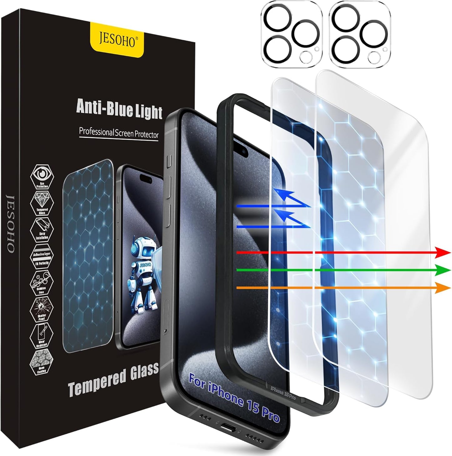Screen Protector for iPhone 15 Pro [6.1 Inch],2 pcs Colorless Anti-Blue Light Tempered Glass Films, HD Clear, 9H Hardness, No Bubbles, Case Friendly with 2 pcs Camera Lens Protector