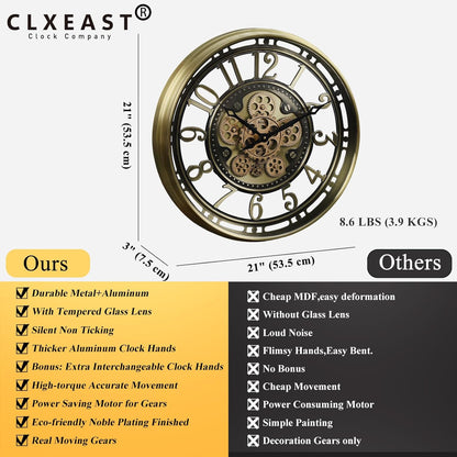CLXEAST 21 Inch Industrial Moving Gears Wall Clock,Modern Farmhouse Arabic Numeral Battery Operated Silent Wall Clock for Living Room Decor,Brushed Gold,House Warming Gifts New Home