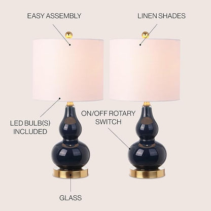 JONATHAN Y 20.5" Navy Glass Table Lamp, Modern Gourd Bedside Nightstand Lamp for Bedroom, Living Room, White Linen Shade, LED Bulb Included (JYL1028F-SET2)