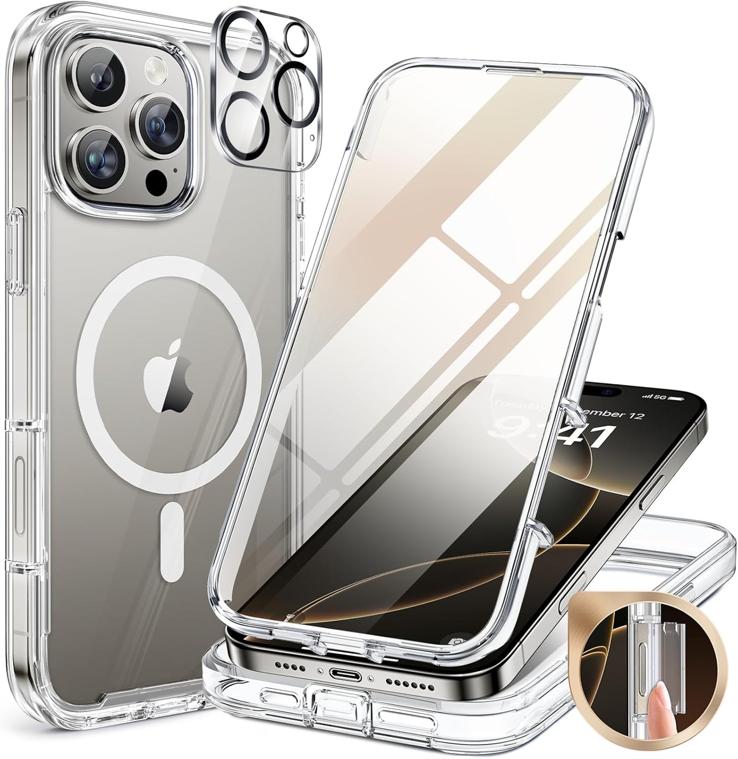 Miracase Magnetic for iPhone 16 Pro Case Full-Body Phone with Built-in Glass Screen Protector, [Compatible with MagSafe] Military Drop Proof 16 Pro Cover Bumper 6.3 inch, Clear